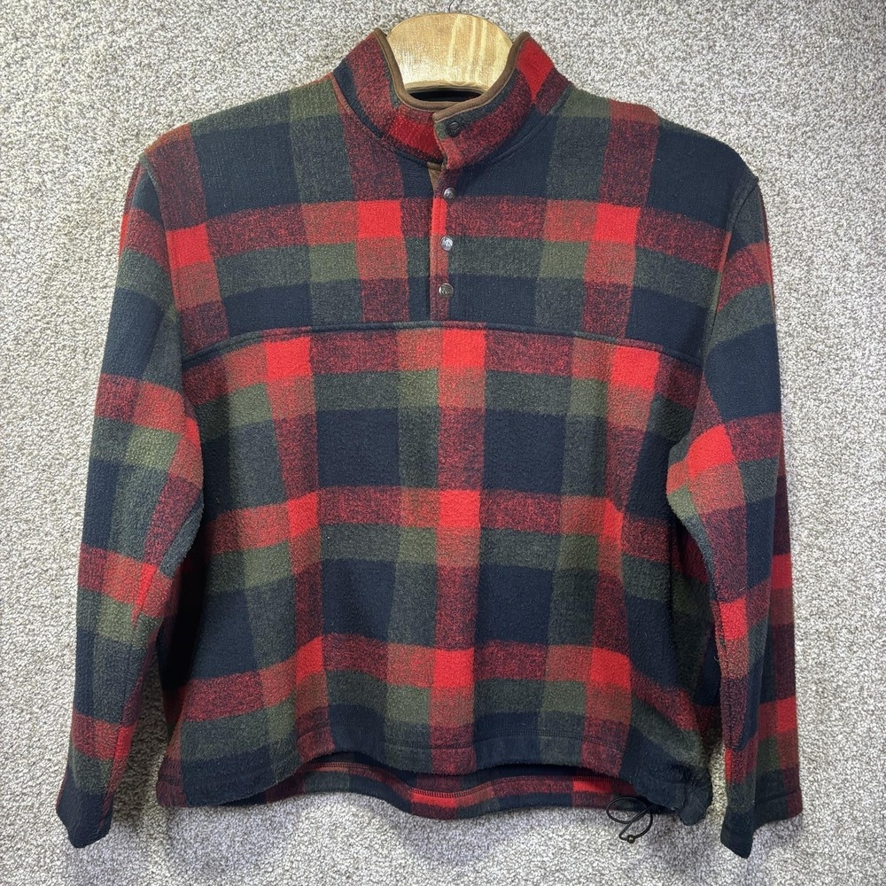 Orvis Sweater Mens 2XL Red Green Plaid Fleece Henley Mock‎ Neck Adjustable